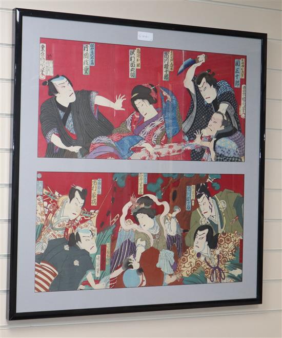 Japanese School, 4 triptych woodblock prints, Kabuki studies, 35 x 70cm, housed in two frames